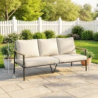 Outsunny 3 Seater Outdoor Patio Sofa, Outdoor Couch with Wood-Effect Armrests, Wicker Backrest, Cushions for Garden Yard, Khaki(m-3)