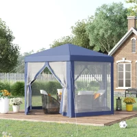 Outsunny 13' x 11' Hexagon Outdoor Party Tent Sun Shelter Canopy with Protective Mesh Screen Walls, Blue(m-10)