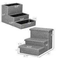 PawHut 3-Step Pet Stairs with Storage, Dog Steps for Couch, Bed, Gray(m-3)