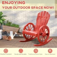 Outsunny Wooden Rocking Chair, Adirondack Rocker Chair w/Slatted Design and Oversized Back, Outdoor Rocking Chair with Wagon Wheel Armrest for Porch, Poolside, and Garden, Red(m-6)