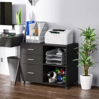 HOMCOM 3 Drawer Printer Stand, Mobile Office Cabinet with 2 Storage Shelves for Home Office, Black(m-2)