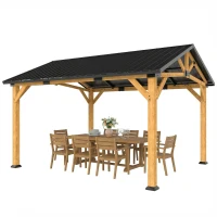 Outsunny 13' x 11' Hardtop Gazebo Canopy with Galvanised Metal Roof, Fir Wood Frame and Central Hook for Patio, Black Gray(m-1)