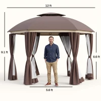 Outsunny 12' x 12' Round Outdoor Gazebo, Patio Dome Gazebo Canopy Shelter with Double Roof, Netting Sidewalls and Curtains, Zippered Doors, Strong Steel Frame, Brown(m-3)