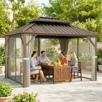 Outsunny 10' x 14' Hardtop Gazebo with Double Galvanized Steel Roof Canopy, Aluminum Frame Permanent Gazebo, Brown(m-10)