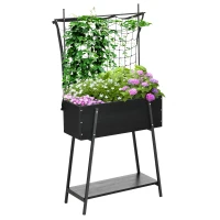 Outsunny Raised Garden Bed with Trellis & Storage Shelf, Elevated Planter Box with Metal Legs, Bed Liner and Drainage Holes, for Vegetable Vines, Climbing Plants, Flowers, Black(m-1)