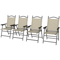 Outsunny 4 Piece Folding Patio Camping Chair Set, Sports Chairs for Adults with Armrests, Mesh Fabric Seat for Lawn, Beige(m-1)