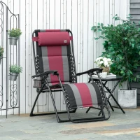 Outsunny XL Oversize Zero Gravity Recliner, Padded Patio Lounger Chair, Folding Chair with Adjustable Backrest, Cup Holder, and Headrest for Backyard, Poolside, Lawn, Striped, Wine Red(m-2)