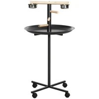 PawHut Portable Bird Play Stand, Parrot Perch Bird Feeder Station with Wheels, Stainless Steel Feeding Bowls, Tray, Gray(m-11)
