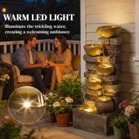 Outsunny 28" Outdoor Fountain with 5-Tier Rustic Jugs, Cascading Waterfall with LED Lights, Adjustable Flow, Rustic Brown(m-5)