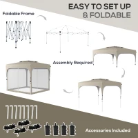 Outsunny 10' x 10' Pop Up Canopy Tent with Netting, Instant Gazebo Shelter, Height Adjustable, with Carry Bag and 4 Sand Bags, 100 Square Feet of Shade, Khaki(m-5)