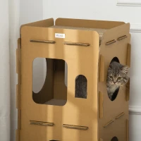 PawHut Cardboard Cat House DIY Cat Tree with Condos, Scratching Pad Board Hideaway Toy Pet Furniture, Brown(m-8)