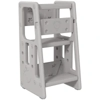 Qaba Toddler Tower with Adjustable Height, Toddler Kitchen Stool Helper with Anti-slip Mat, Step Stool, Gray(m-1)