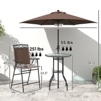 Outsunny 4 Piece Outdoor Bar Set with Umbrella, Patio Dining Set with 2 Folding Chairs, Wave Textured Tempered Glass Table, Brown(m-3)