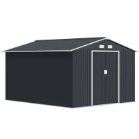 Outsunny 11' x 9' Outdoor Storage Shed, Garden Tool Metal Shed with Foundation Kit, Double Lockable Door, Dark Gray(m-11)