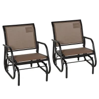 Outsunny 2 Piece Porch Glider Chair Set, Metal Frame Swing Glider Chair with Breathable Mesh Fabric, Curved Armrests and Steel Frame for Garden, Poolside, Backyard, Balcony, Brown(m-11)