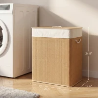 HOMCOM Double Laundry Basket with Lid, 26.4 Gallon Bamboo Laundry Hamper with Rope Handles and Removable Liner, Brown(m-3)