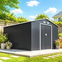 Outsunny 11' x 9' Outdoor Storage Shed, Garden Tool Metal Shed with Foundation Kit, Double Lockable Door, Dark Gray(m-9)