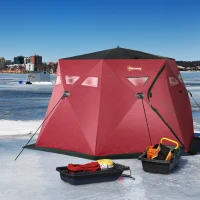 Outsunny 4 Person Insulated Pop-Up Ice Fishing Shelter, 360-Degree View, Portable Ice Fishing Tent Shanty with Carry Bag, Two Doors and Anchors for Low-Temp -22℉, Red(m-10)