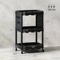 HOMCOM 3-Tier Rolling Tool Cart, 200 LBS Capacity Plastic Utility Cart with Side Shelves for Garage Workshop, Black(m-3)