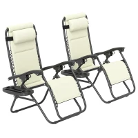 Outsunny Zero Gravity Lounge Chair Set, 2 Pieces Reclining Folding Outdoor Lounge Chairs with Headrest Side Tray, Cream(m-1)