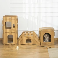 PawHut Cardboard Cat House DIY Cat Tree with Condos, Scratching Pad Board Hideaway Toy Pet Furniture, Brown(m-7)