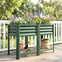 Outsunny Raised Garden Bed Galvanized Steel, Elevated Planter Box with Storage Shelf, Bed Liner, 31.5" High, Green(m-9)