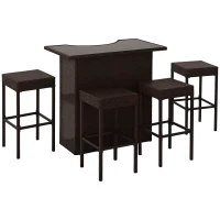 Outsunny 5 Pieces Outdoor Bar Set, High Top Outdoor Table and Chairs, Wicker Patio Set with 2 Tier Shelf, 4 Stools, Dark Brown(m-1)