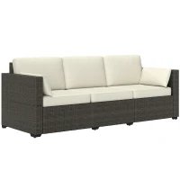 Outsunny Patio Couch PE Wicker Deep Seating Outdoor Sofa with Removable Cushions, 3 Seater Rattan Sofa, Cream White(m-15)