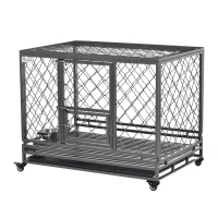 PawHut Heavy Duty Dog Crate, Metal Dog Cage Kennel with Lockable Wheels, Slide-Out Tray, Food Bowl and Double Doors, 42.5"(m-11)