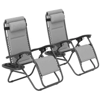 Outsunny Zero Gravity Lounge Chair Set, 2 Pieces Reclining Folding Outdoor Lounge Chairs with Headrest Side Tray, Light Gray(m-1)