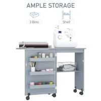 HOMCOM Folding Sewing Table, Rolling Utility Work Station Side Desk with 3-Tier Storage Bins, Shelf, and Lockable Casters, Grey(m-5)