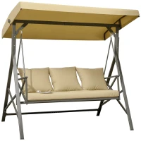 Outsunny 3-Seat Patio Swing Chair, Porch Swing Glider with Cushion, 3 Throw Pillows & Adjustable Canopy for Porch, Garden, Poolside, Backyard, Khaki(m-1)