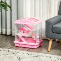 PawHut 3-Tier Hamster Cage Rodent Gerbil Habitat Rat House with Steel Wire, Exercise Wheel, Food Dish, Water Bottle, Pink(m-15)