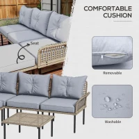 Outsunny 5-Piece Rattan Patio Furniture Set with Sofa, Chaise Lounge, Coffee Table, Footstools, Cushions, Light Gray(m-5)