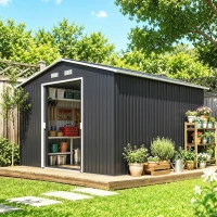 Outsunny 11' x 9' Outdoor Storage Shed, Garden Tool Metal Shed with Foundation Kit, Double Lockable Door, Dark Gray(m-2)