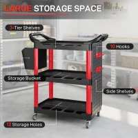 HOMCOM 3-Tier Rolling Tool Cart, 200 LBS Capacity Plastic Utility Cart with Side Shelf and Storage Bucket, Black & Red(m-4)