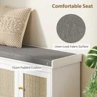 HOMCOM Shoe Storage Bench with Woven Rattan Doors, Shoe Bench with Cushion, Adjustable Shelves, Entryway Bench, White(m-5)