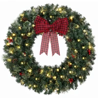 HOMCOM 36" Prelit Crestwood Spruce Artificial Christmas Wreath, Christmas Decor with Bow, 8 Modes, Red Berries, Pinecones(m-11)