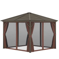 Outsunny 10' x 10' Hardtop Gazebo with Curtains and Netting, Permanent Pavilion Metal Single Roof Gazebo Canopy with Aluminum Frame and Hooks, for Garden, Patio, Backyard, Dark Brown(m-11)