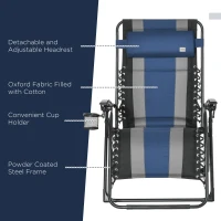 Outsunny XL Oversize Zero Gravity Recliner, Padded Patio Lounger Chair, Folding Chair with Adjustable Backrest, Cup Holder, and Headrest for Backyard, Poolside, Lawn, Striped, Blue(m-5)