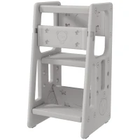 Qaba Toddler Tower with Adjustable Height, Toddler Kitchen Stool Helper with Anti-slip Mat, Step Stool, Gray(m-11)