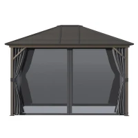 Outsunny 10' x 12' Hardtop Gazebo with Curtains and Netting, Gazebo Canopy with Aluminum Frame and Hooks, Dark Gray(m-11)