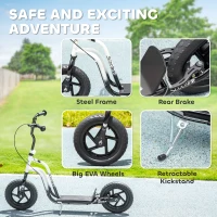 Qaba Kids Scooter, Lightweight Scooter with Adjustable Handlebar, Rear Brake, Kickstand, 12" EVA Wheels, for 5-12 Y, White(m-6)
