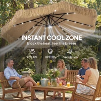 Outsunny 9 ft Hula Thatched Tiki Patio Umbrella with LED Solar Light, Outdoor Umbrella with Crank, Tilt, UPF30+, Khaki(m-6)