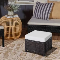 Outsunny 20" Patio Wicker Ottoman, Multipurpose Outdoor PE Rattan Footrest, Additional Seating, Side Table with Soft Cushion, Dark Brown, Cream White(m-10)