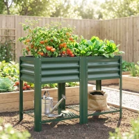 Outsunny Raised Garden Bed Galvanized Steel, Elevated Planter Box with Storage Shelf, Bed Liner, 31.5" High, Green(m-2)