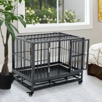 PawHut 36" Heavy Duty Dog Crate Metal Cage Kennel with Lockable Wheels, Double Door and Removable Tray, Gray(m-10)
