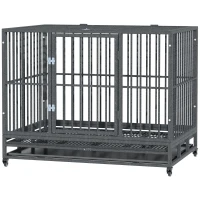 PawHut 43" Heavy Duty Dog Crate Metal Cage Kennel with Lockable Wheels, Double Door and Removable Tray, Gray(m-11)