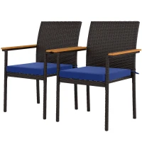 Outsunny Stackable Patio Wicker Dining Chair Set of 2 with Cushions, Backrest, Armrests for Deck, Garden, Navy Blue(m-1)