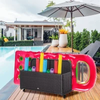Outsunny Wicker Patio Pool Float Storage Basket, PE Rattan Outdoor Pool Caddy with Rolling Wheels for Floaties, Noodles, Life Vests, Beach Balls, Garden Furniture, Mixed Brown(m-2)